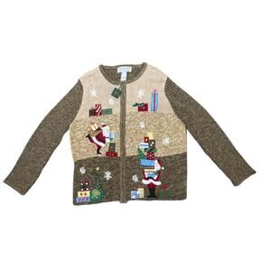Tiara International Womens Brown Christmas Cardigan Sweater Full Zip Santa XL